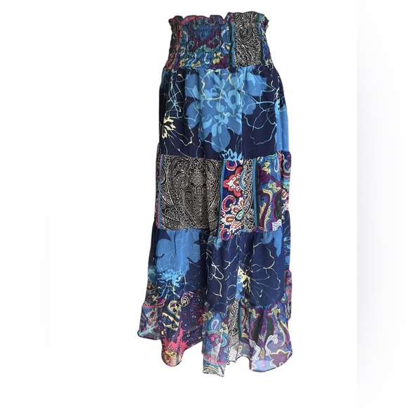 Chaudry Boho Patchwork Tiered Maxi Skirt Blue Floral Paisley Smocked Waist S - Picture 5 of 10